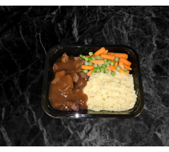 Home made beef stew,  mashed potatoes carrots and peas